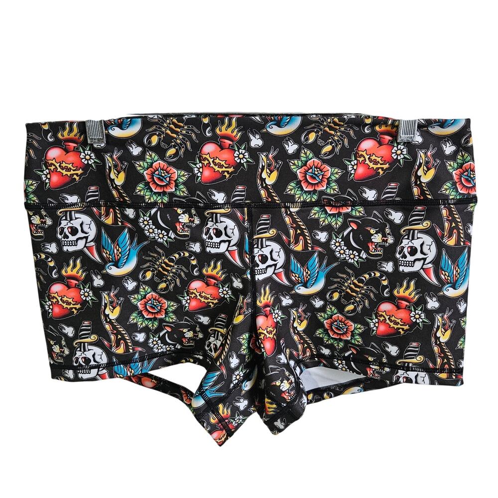 Peachy Athletic Shortie Shorts Black Tattoo Print Black Alternative Bikercore XL